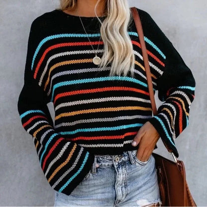 Pull en maille rayé à col en V confortable pour un look décontracté d'automne