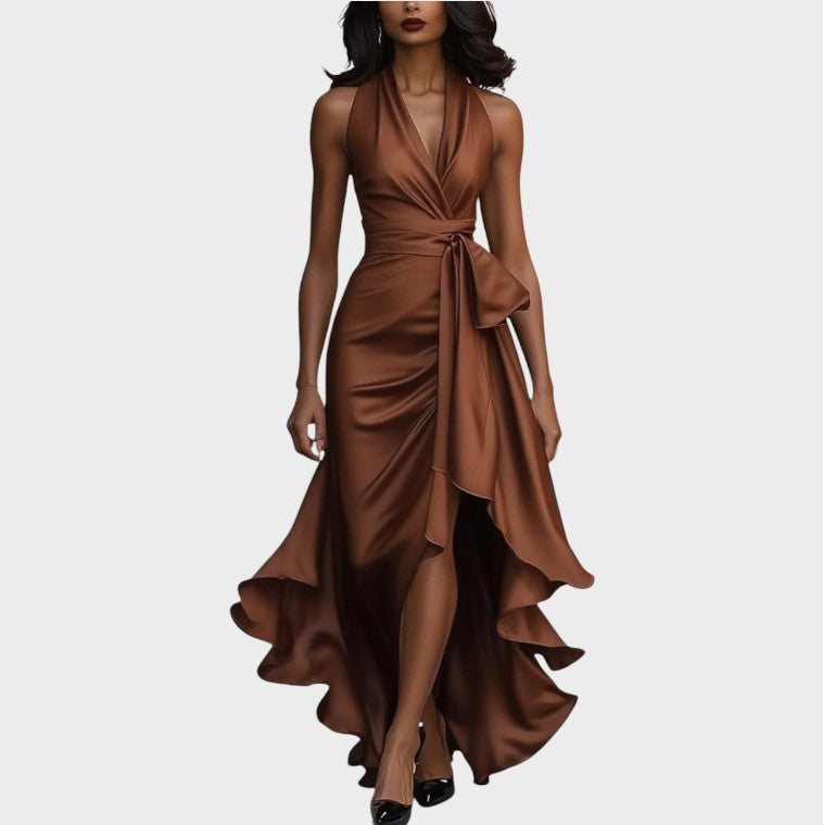 Robe Bustier en Satin Nuit avec Détail à Volants