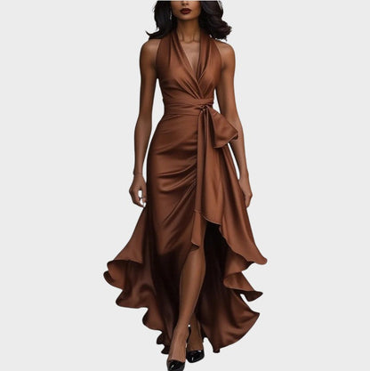Robe Bustier en Satin Nuit avec Détail à Volants