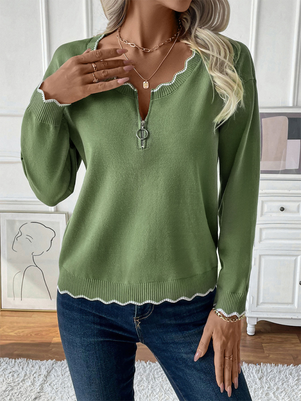 Océane Dubois® | Pull-over décontracté à col rond avec bordure zippée contrastée