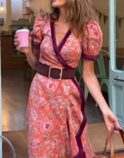 Robe longue rose élégante à manches courtes