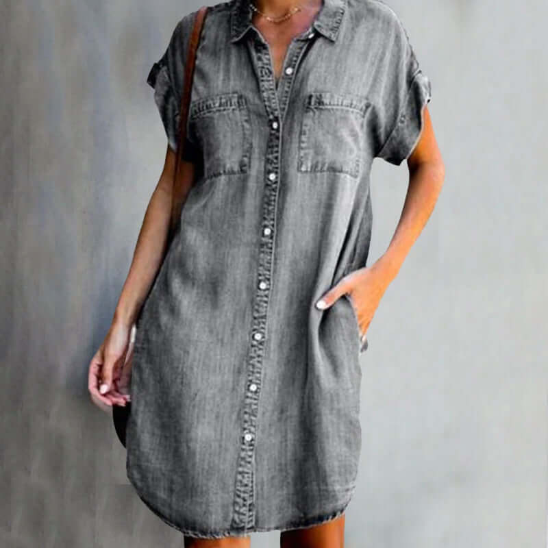 Robe En Jean Boutonnée À Manches Courtes Pour Femme