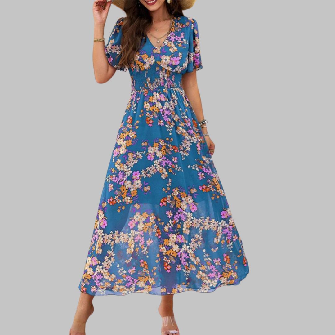 Pauline Laurent® | Robe midi à col V floral et manches courtes