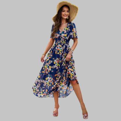 Pauline Laurent® | Robe midi à col V floral et manches courtes