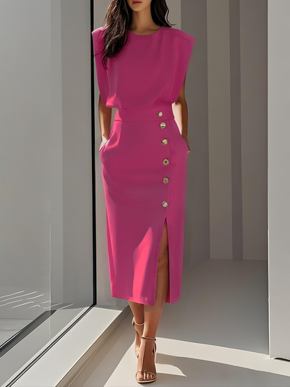 Floralia™ - Robe midi unie avec fente à boutons et décolleté rond