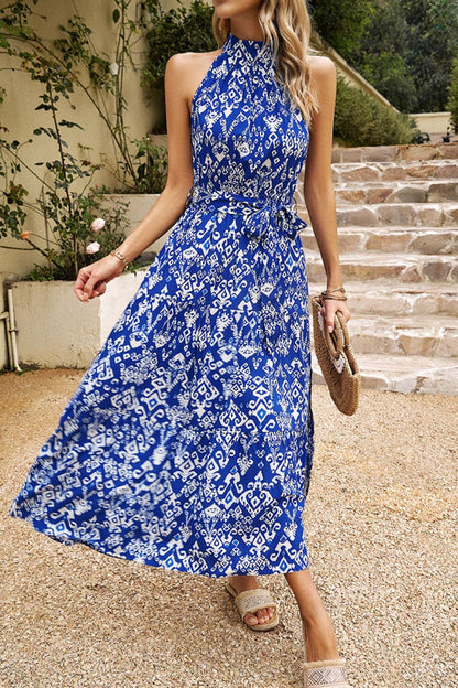 Robe sans manches fendue avec imprimé et encolure en V