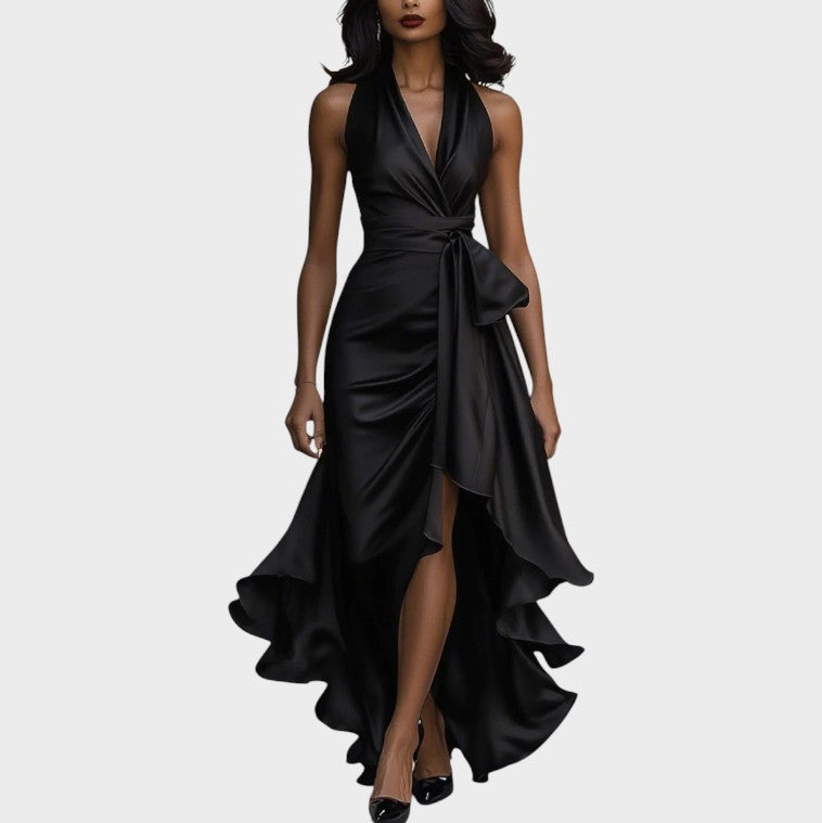 Robe Bustier en Satin Nuit avec Détail à Volants