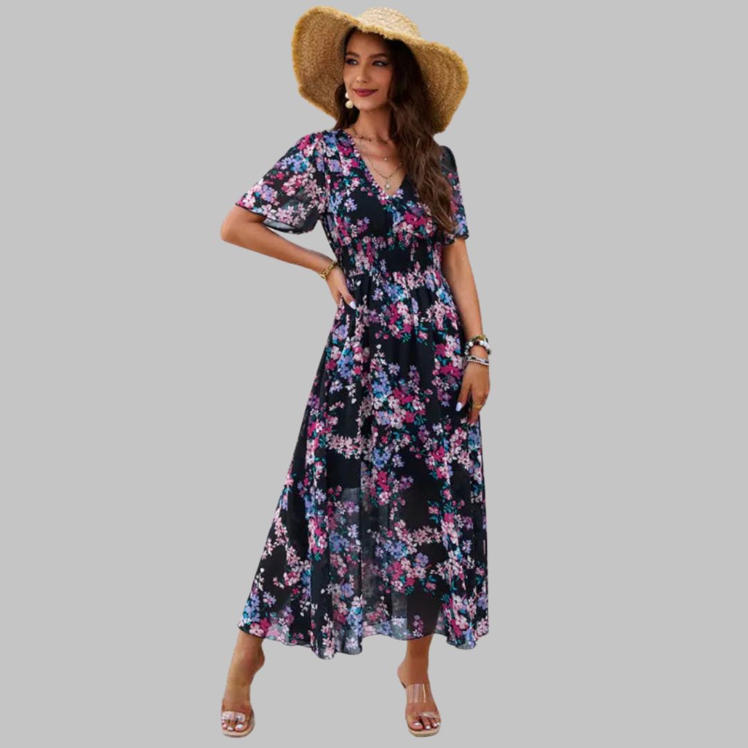 Pauline Laurent® | Robe midi à col V floral et manches courtes