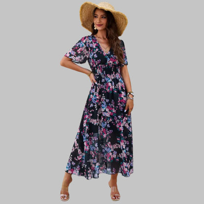 Pauline Laurent® | Robe midi à col V floral et manches courtes