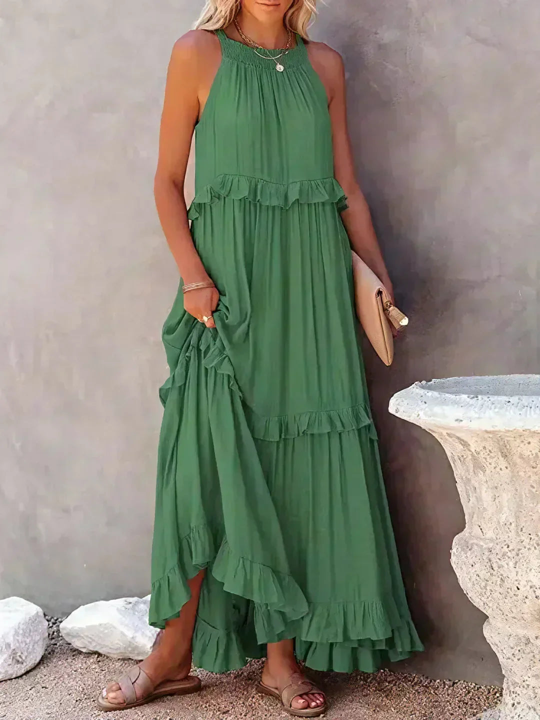 Pauline Laurent® | Robe longue volantée à col licou