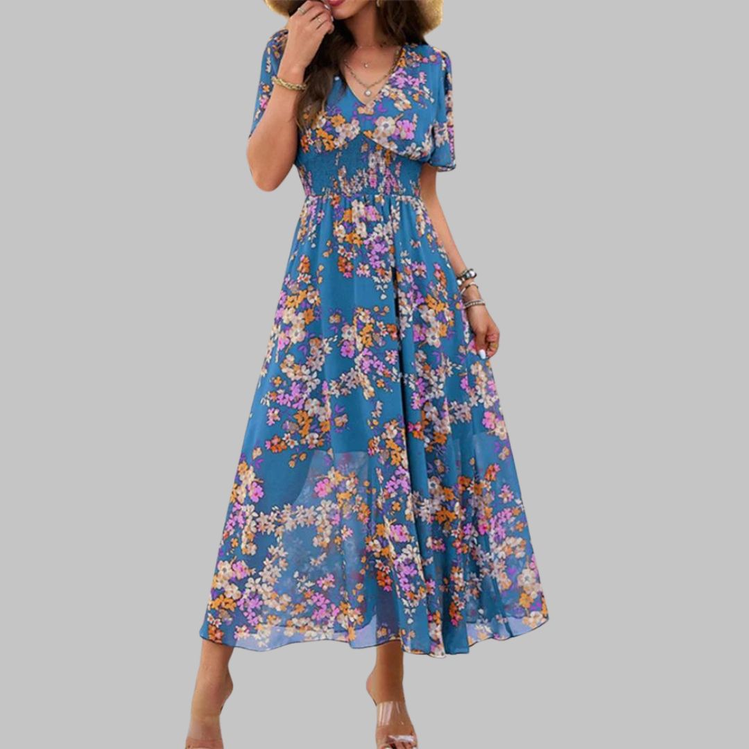 Pauline Laurent® | Robe midi à col V floral et manches courtes