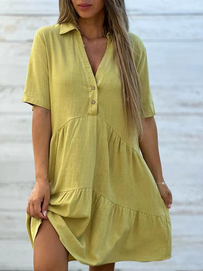 Vionelle™ - Robe décontractée, unie, à manches courtes en coton et lin pour femme