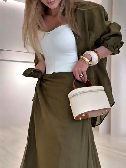 Ensemble deux pièces décontracté à lacets vert olive
