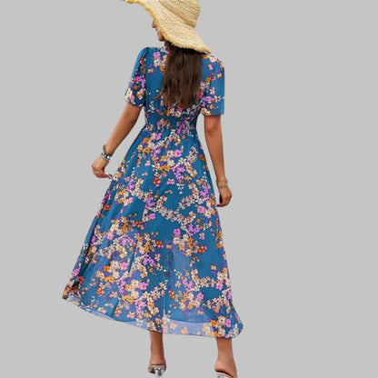 Pauline Laurent® | Robe midi à col V floral et manches courtes