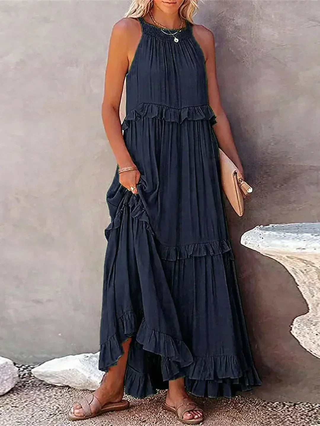 Pauline Laurent® | Robe longue volantée à col licou
