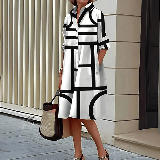 Robe Midi Femme à Col – Imprimé Géométrique Élégant
