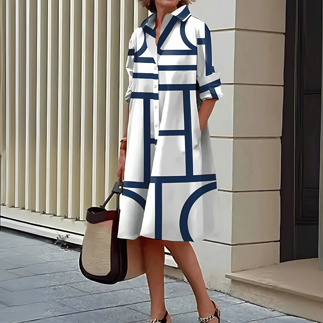 Robe Midi Femme à Col – Imprimé Géométrique Élégant