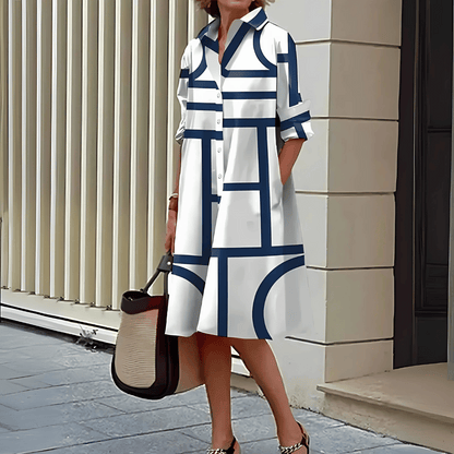 Robe Midi Femme à Col – Imprimé Géométrique Élégant