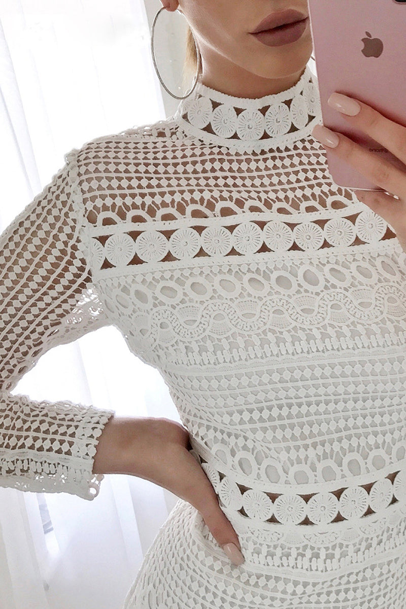 Robe Midi En Dentelle À Manches Longues Et Col Montant Femme