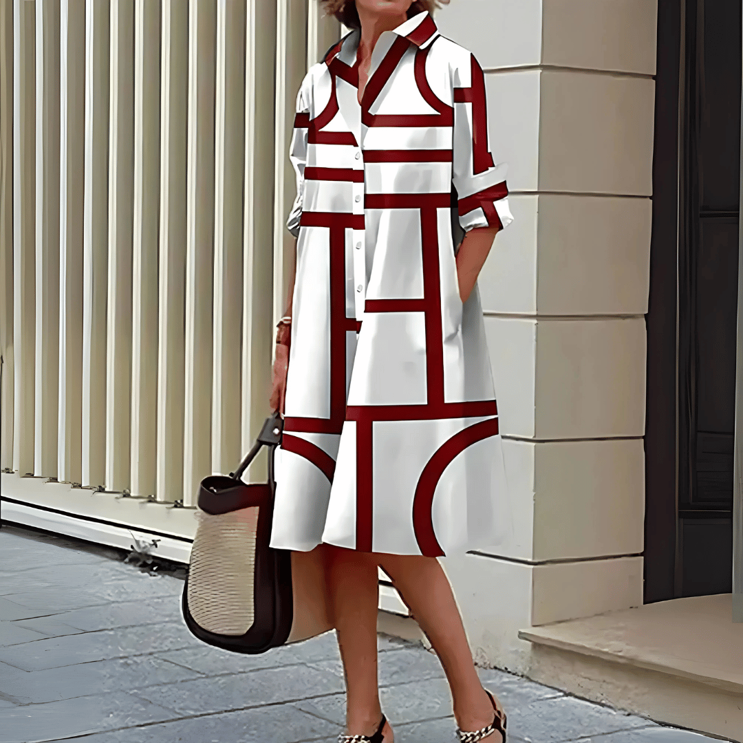 Robe Midi Femme à Col – Imprimé Géométrique Élégant