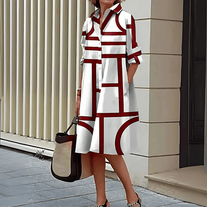 Robe Midi Femme à Col – Imprimé Géométrique Élégant