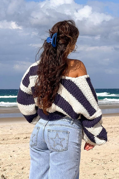 Pull en tricot à rayures, épaules dénudées, confortable pour les superpositions d'automne