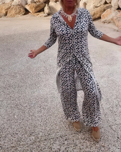 JACQUELIN™ | Ensemble Vintage Imprimé à Deux Pièces avec Revers et Boutons