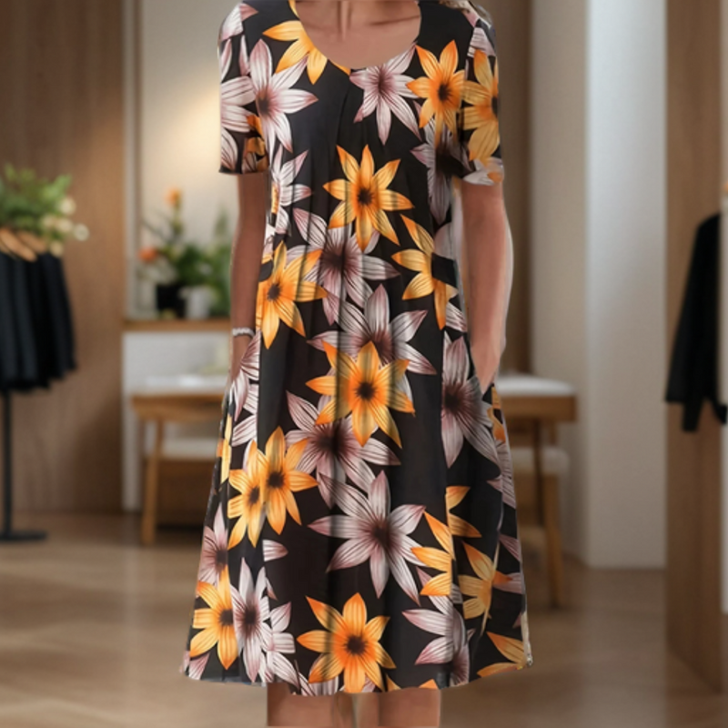 Robe ample à encolure ronde, manches trois-quarts et imprimé