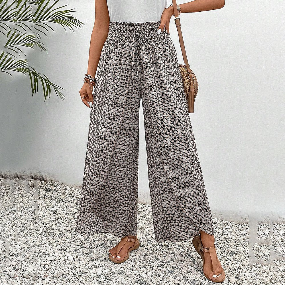 Pantalon marron imprimé à taille élastique avec cordon de serrage