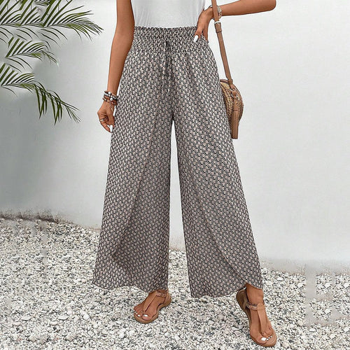 Pantalon marron imprimé à taille élastique avec cordon de serrage