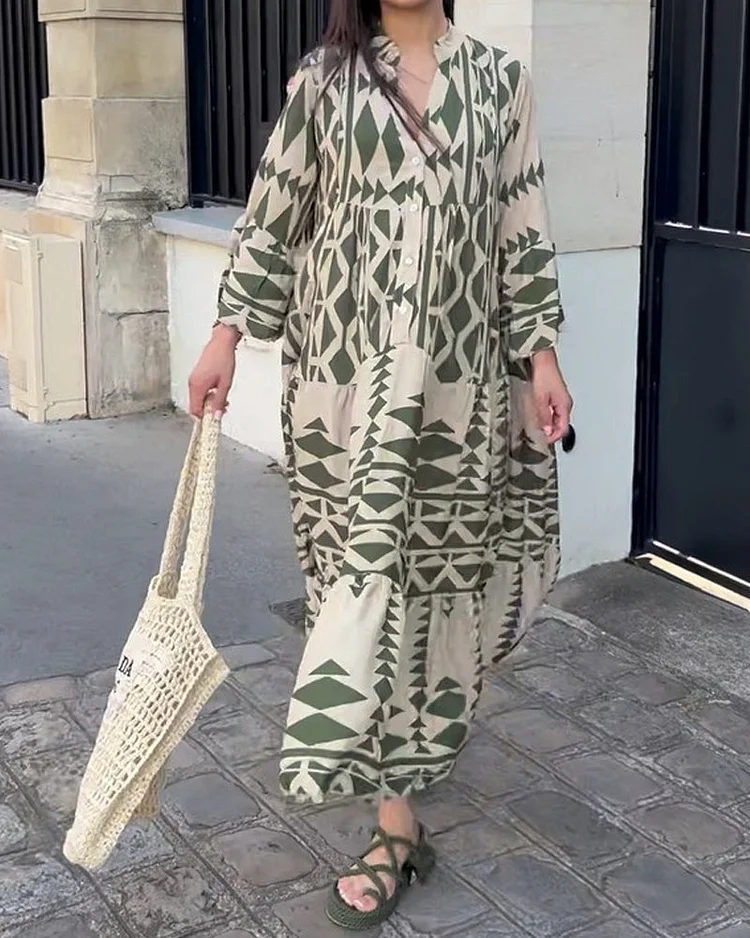 Kimy robe décontractée pour femmes à manches longues et encolure en V avec imprimé.