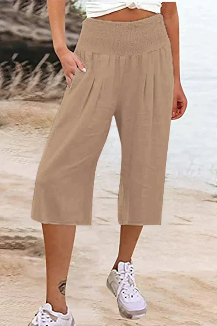 Pantalon uni uni avec taille haute et jambes larges, mi-longueur