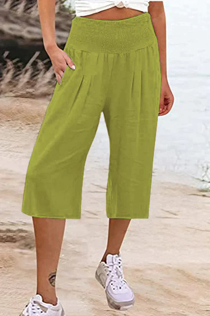 Pantalon uni uni avec taille haute et jambes larges, mi-longueur