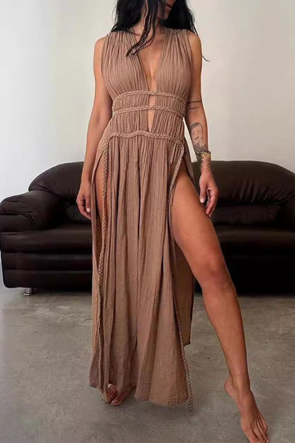 Robe de plage bohème à col en V et fente