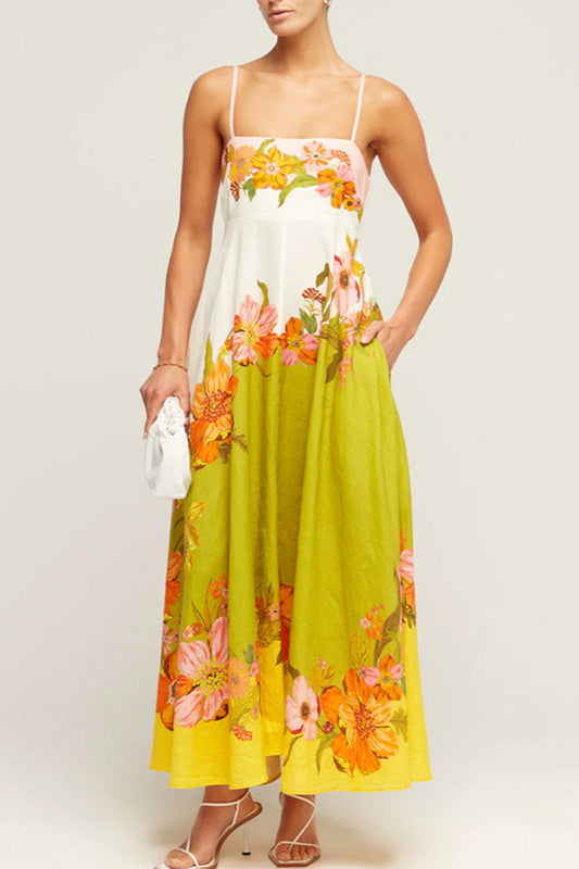 Robe sans bretelles avec encolure carrée contrastée, poche et imprimé floral