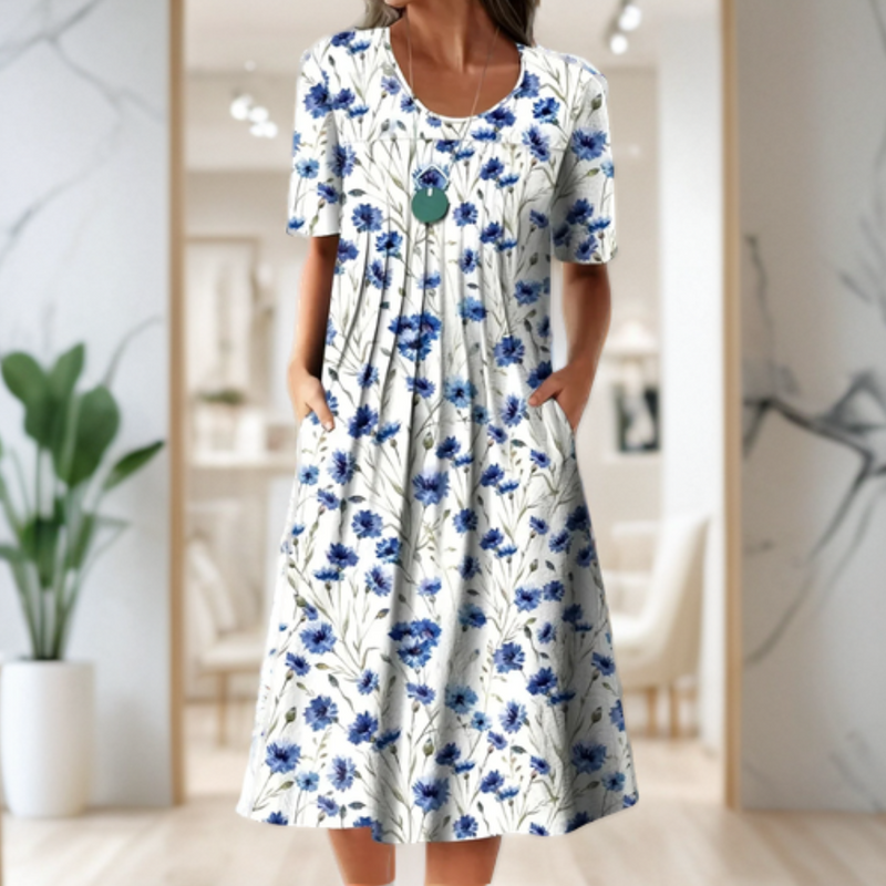 Robe ample à encolure ronde, manches trois-quarts et imprimé