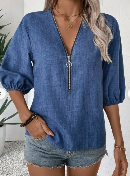 Océane Dubois® | Blouse élégante pour femme avec décolleté profond en V et fermeture éclair
