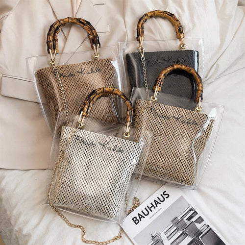 Sac à main transparent avec pochette en fibre naturelle