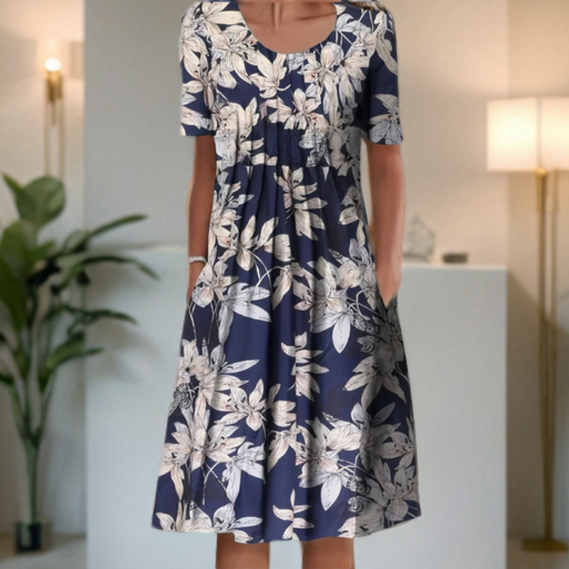 Robe ample à encolure ronde, manches trois-quarts et imprimé