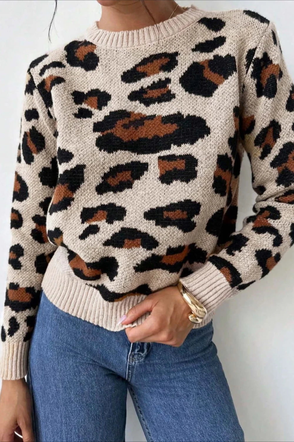 Pull à col rond chic à imprimé léopard bicolore