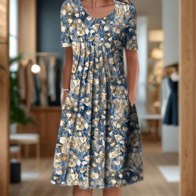 Robe ample à encolure ronde, manches trois-quarts et imprimé