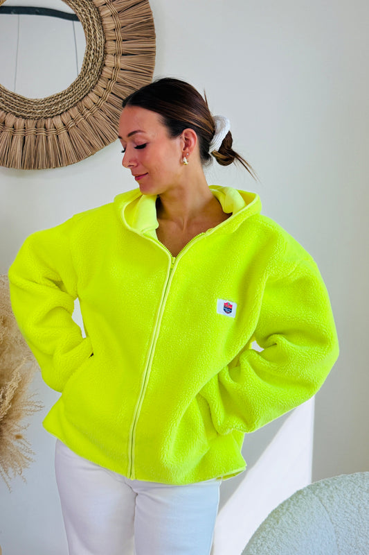 Gilet Teddy Giselyne Jaune Fluo Manches Longues Avec Capuche