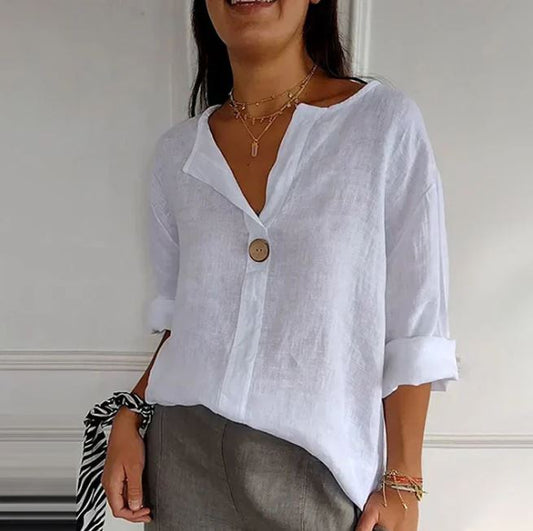 T-shirt confortable pour femme en lin et coton avec encolure en V
