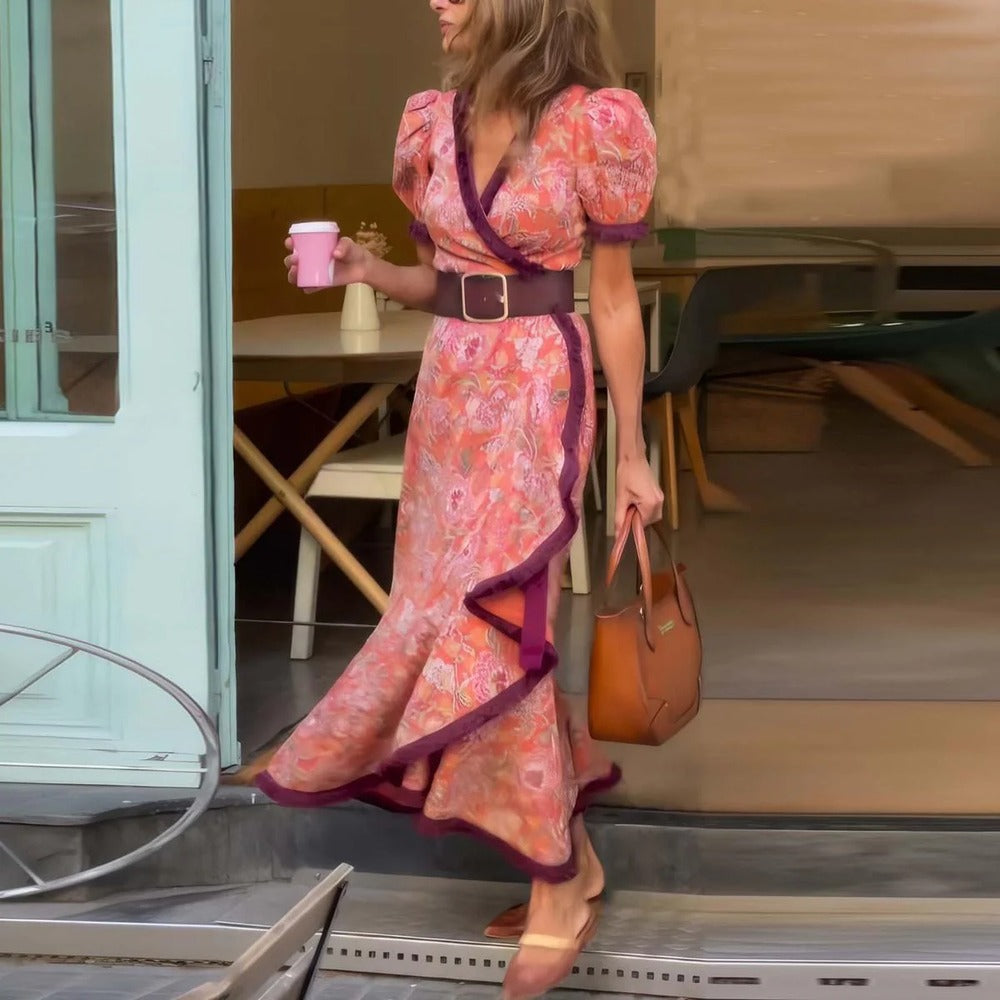 Robe longue rose élégante à manches courtes