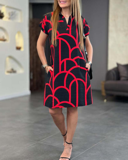 Robe Midi Femme À Manches Courtes Avec Imprimé Ligne Inversée