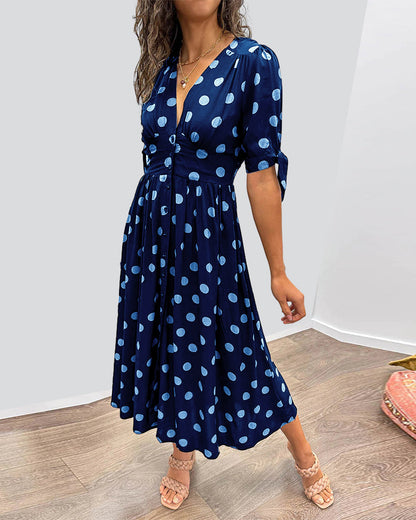 Robe Priscilla Mi-longue À Pois Boutonnée