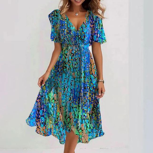 Robe mi-longue à manches courtes bleu spécial