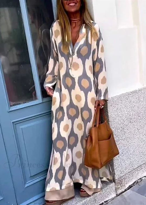 Robe Boho à Encolure en V avec Imprimé Géométrique et Fente d'Automne