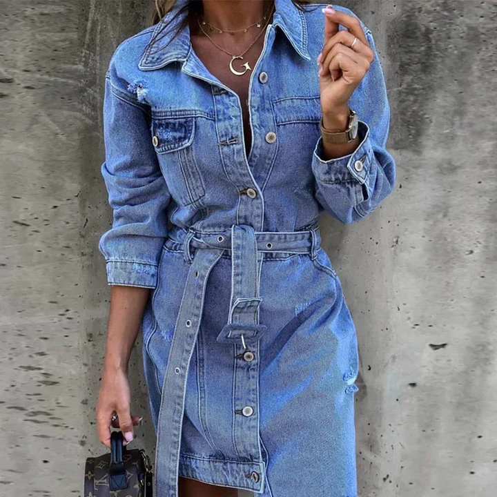 Robe En Jean Boutonnée À Manches Longues Et Ceinture Pour Femme