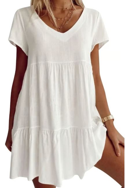 Robe tissée décontractée à encolure en V manches courtes